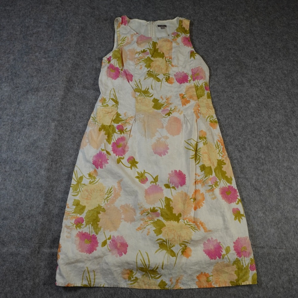 J. Jill Dress Womens 8 Linen Midi Floral Lagenlook Beachy Yellow White Pink